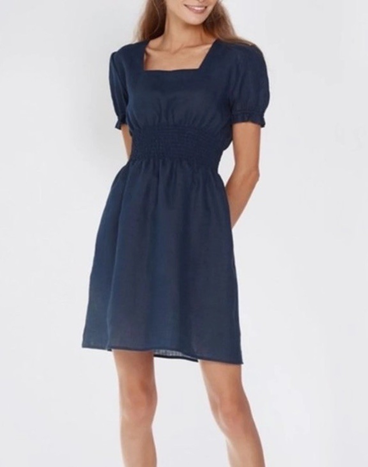 Sleeper Georgia Linen Mini Dress Navy Blue Smocked Puff Sleeve Square Neck Xs